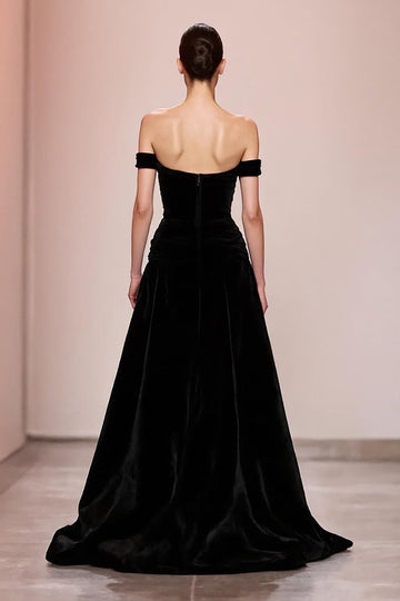 Preto A Line Velvet Off The Shoulder Long Evening Dress